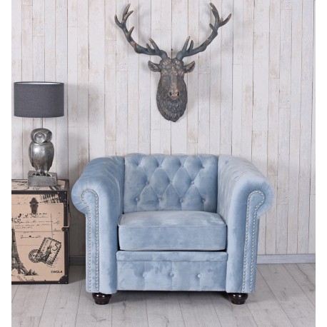Fotoliu Chesterfield din lemn masiv cu tapiterie albastru marin
