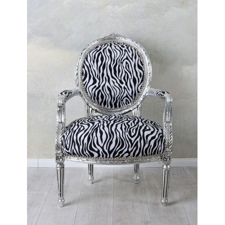 Semifotoliu din lemn masiv argintiu cu tapiterie zebra