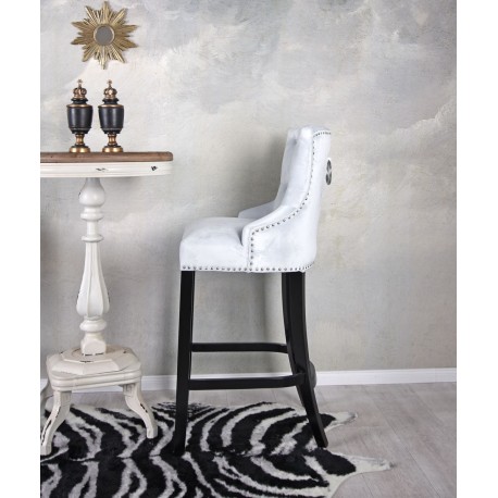 Scaun bar din lemn masiv negru cu tapiterie din catifea gri deschis