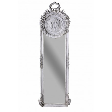 Oglinda Jugdenstill din cristal cu o rama gri deschis si medalion cu ingerasi