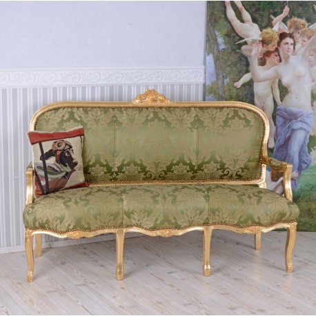Sofa baroc din lemn masiv auriu cu tapiterie din matase verde
