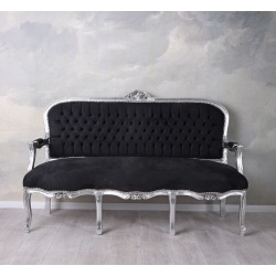 Sofa trei locuri din lemn masiv argintiu cu tapiterie neagra