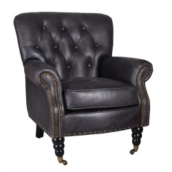 Fotoliu Chesterfield din lemn masiv cu tapiterie din piele neagra