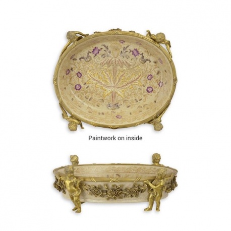 Platou mare  din portelan cu decoratiuni cu patru ingerasi din bronz