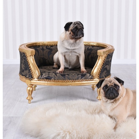 Canapea caine din lemn masiv auriu cu tapiterie neagra