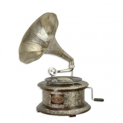 Gramofon rotund cu decoratiuni metalice argintii