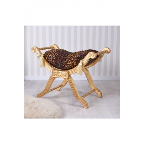 Scaunel turcesc din lemn masiv auriu cu tapiterie leopard