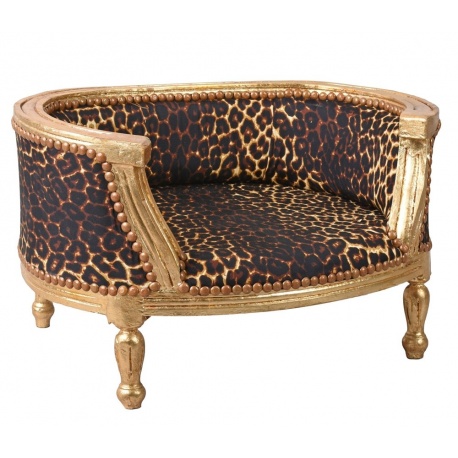 Canapea pentru caine din lemn masiv auriu cu tapiterie leopard