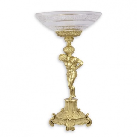 Platou din cristal cu picior cu un barbat din bronz