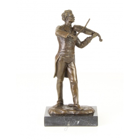 Cantaret cu vioara - statueta din bronz pictat pe soclu din marmura