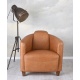 Fotoliu Art Deco din lemn masiv cu piele maro deschis groasa