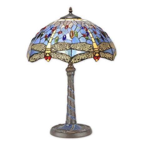 Lampa  mare Tiffany din bronz cu decoratiuni albastre