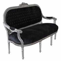 Sofa Madame Pompadour din lemn masiv argintiu cu tapiterie neagra