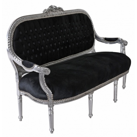 Sofa Madame Pompadour din lemn masiv argintiu cu tapiterie neagra
