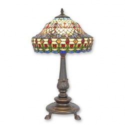 Lampa de masa Tiffany cu abajur alb cu arabescuri colorate