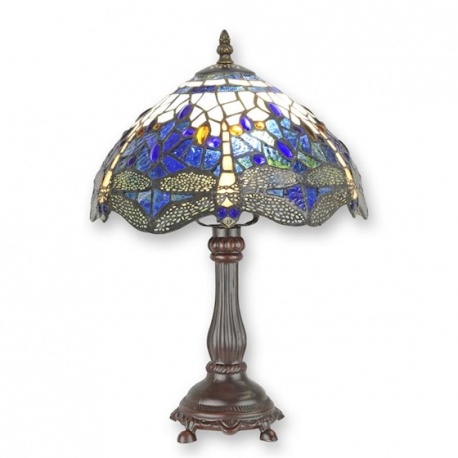 Lampa de masa Tiffany cu abajur albastru cu libelule