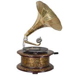 Gramofon rotund cu decoratiuni metalice  aurii
