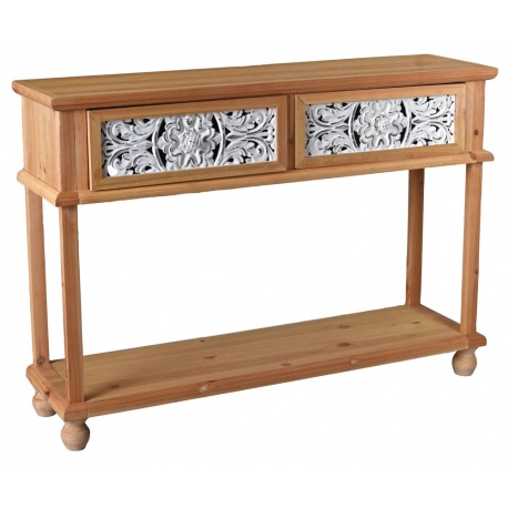 Consola Boho Style din lemn masiv natur cu decoratiuni albe