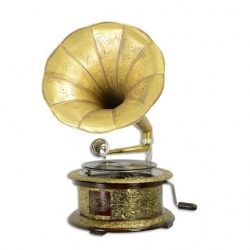 Gramofon rotund cu decoratiuni metalice aurii