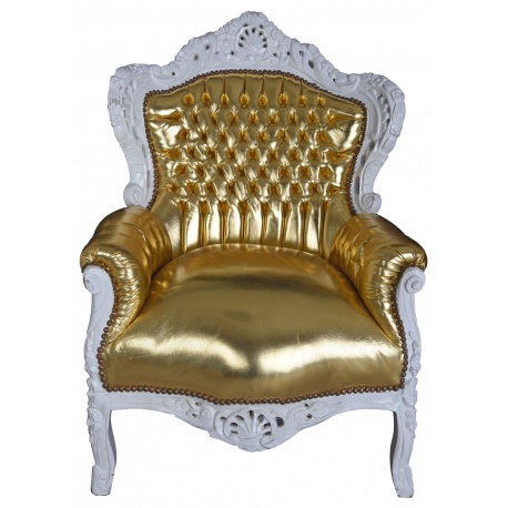 Fotoliu baroc monumental din lemn masiv alb cu tapiterie aurie