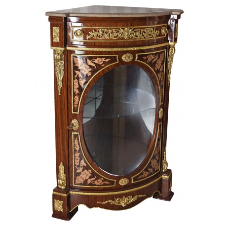 Vitrina baroc de colt din lemn masiv furniruit si blat din marmura