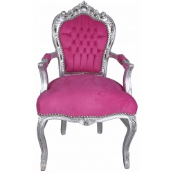 Scaun baroc din lemn masiv argintiu cu tapiterie fucsia