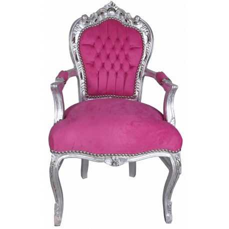 Scaun baroc din lemn masiv argintiu cu tapiterie fucsia