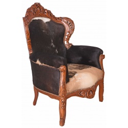 Fotoliu baroc din lemn mahon cu tapiterie din piele de vaca
