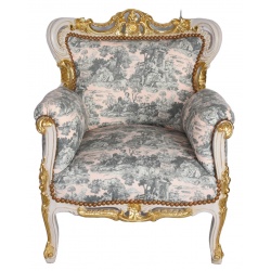 Fotoliu baroc alb cu auriu cu tapiterie alb cu albastru