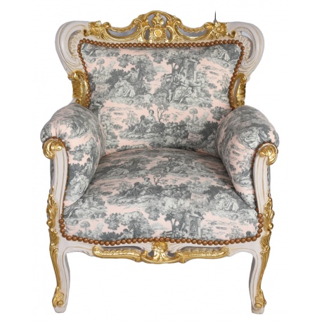 Fotoliu baroc alb cu auriu cu tapiterie alb cu albastru