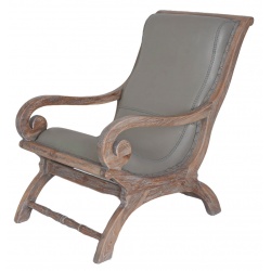 Fotoliu din lemn tec cu tapiterie piele gri