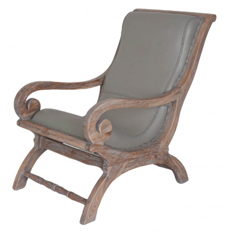 Fotoliu din lemn tec cu tapiterie piele gri