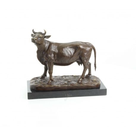 Vaca-statueta din bronz masiv cu un soclu din marmura