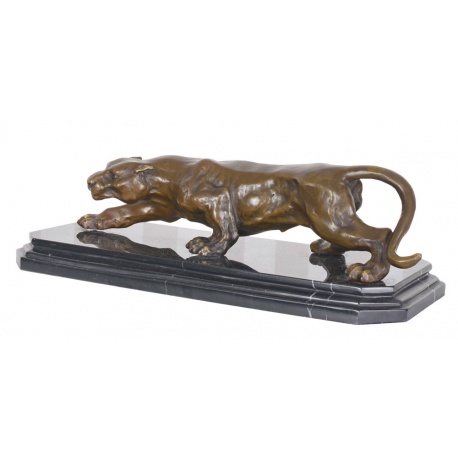 Leopard-statueta Art Deco din bronz cu soclu din marmura