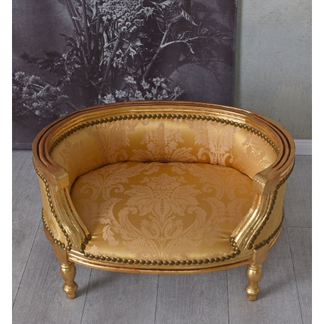 Canapea pentru caine din lemn auriu cu tapiterie aurie