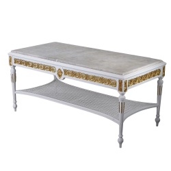 Masa living din lemn masiv alb cu blat de marmura