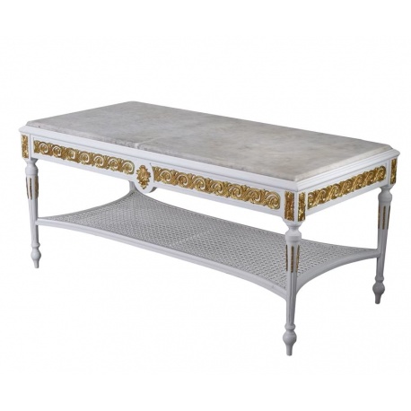 Masa living din lemn masiv alb cu blat de marmura