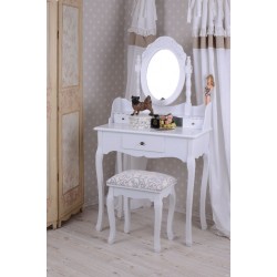 Masa de toaleta din lemn masiv alb cu oglinda si scaun
