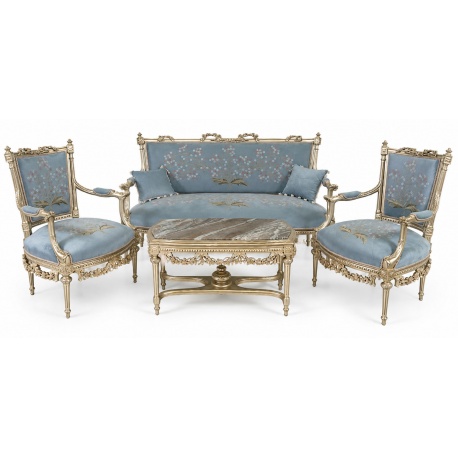 Set baroc living din lemn masiv auriu cu tapiterie catifea bleu