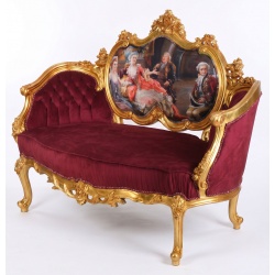 Sofa baroc din lemn auriu cu tapiterie catifea burgund