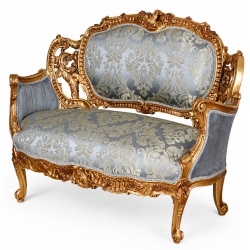 Sofa baroc din lemn auriu cu tapiterie matase bleu