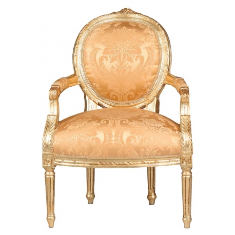 Semifotoliu din lemn masiv auriu antichizat cu tapiterie din matase aurie