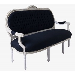 Sofa trei locuri din lemn masiv alb cu tapiterie din catifea bleumarin