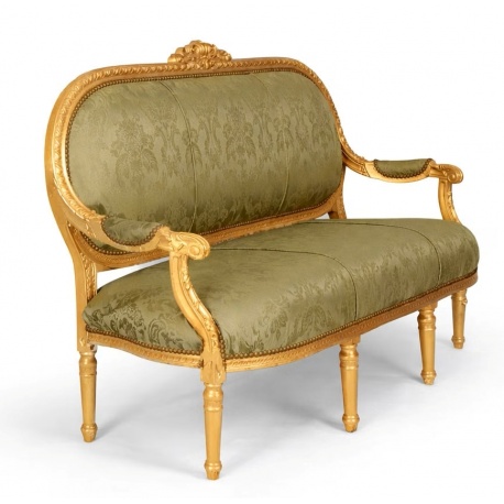 Sofa Madamme Pompandour din lemn masiv auriu cu tapiterie verde