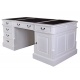 Birou mare din lemn masiv alb cu tapiterie neagra
