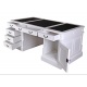 Birou mare din lemn masiv alb cu tapiterie neagra