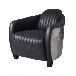 Fotoliu industrial din lemn masiv cu piele groasa neagra