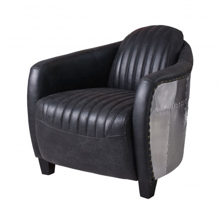 Fotoliu industrial din lemn masiv cu piele groasa neagra