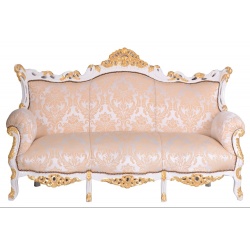 Sofa baroc din lemn masiv alb cu tapiterie crem