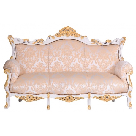 Sofa baroc din lemn masiv alb cu tapiterie crem